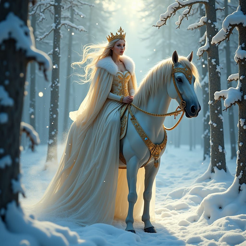 Ethereal Princess Rides Through Snow Forest
