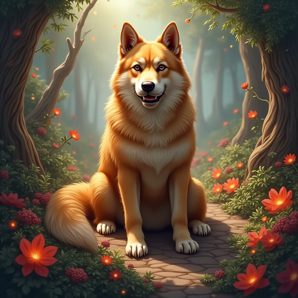 Golden Canine in Dreamlike Fantasy Realm