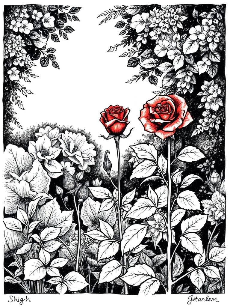 Monochrome Ink Garden with Red Rose