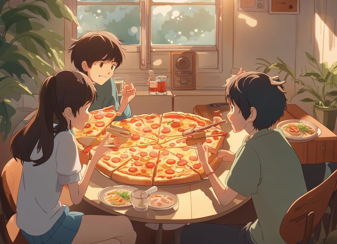 Children Eating Pizza in Ghibli Anime Style