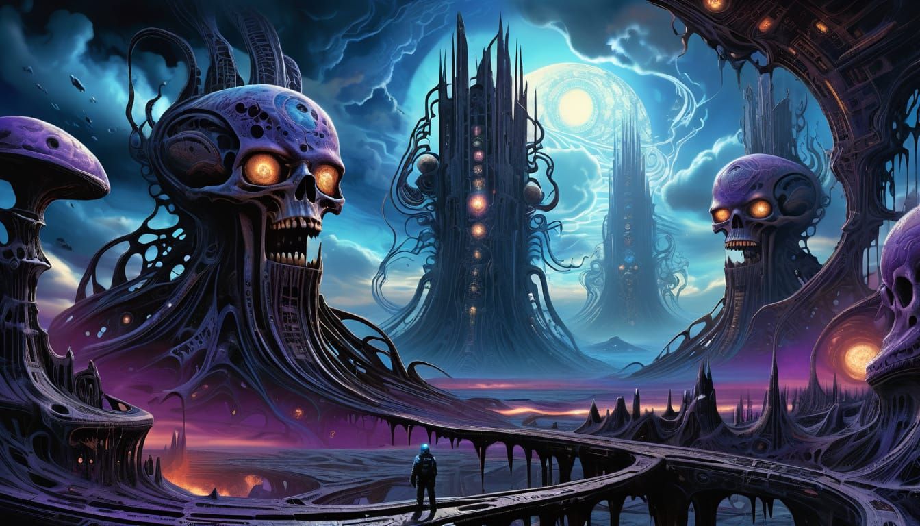 Biomechanical Surreal Landscape with Towering Structure