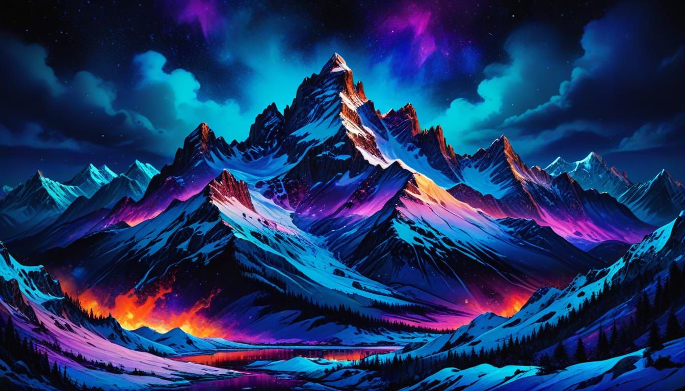 Blacklight Sky Over Snowy Mountains, Alcohol Ink Art