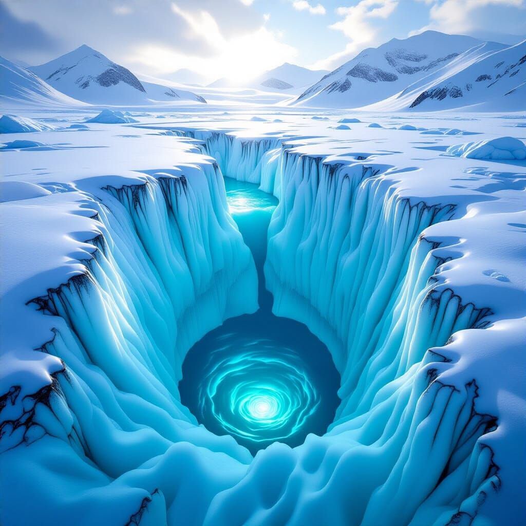 Glacier Moulin with Turquoise Water Vortex