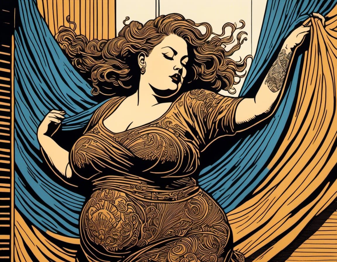 Linocut: Curvy Woman Dancing with Sheet