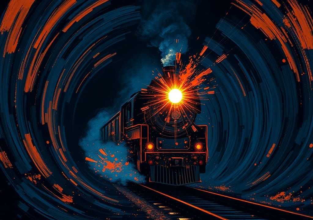 Nocturnal Steam Train Bursts from Tunnel in Abstract Style