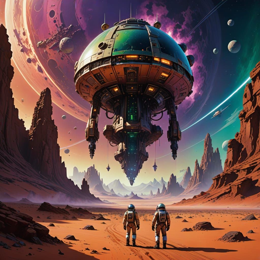 Astronaut on Crimson Planet Gazing at Monolith