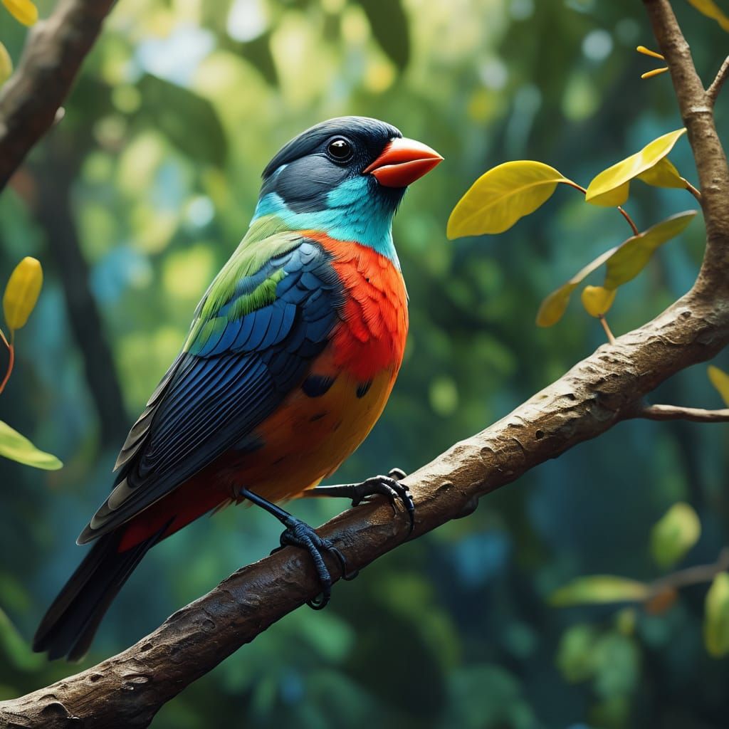 Exotic Liocichla Phoenicea in Vibrant Oil Painting