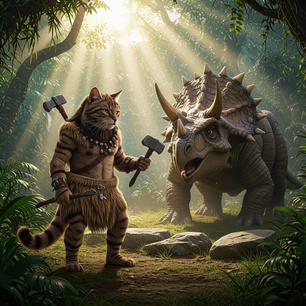 Photorealistic Cat Neanderthal Teases Triceratops at Stonehe...
