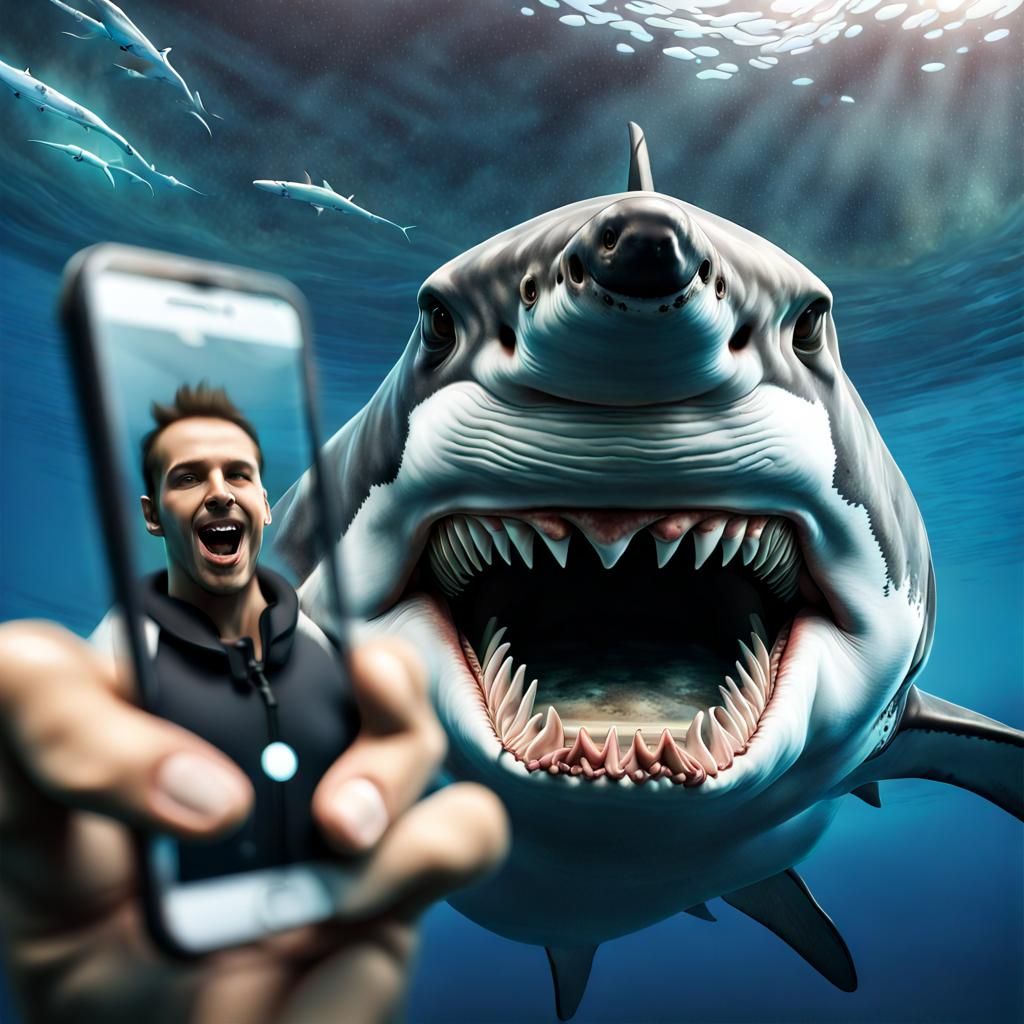 Scuba Diver Selfie with Great White Shark: Photorealistic 3D...
