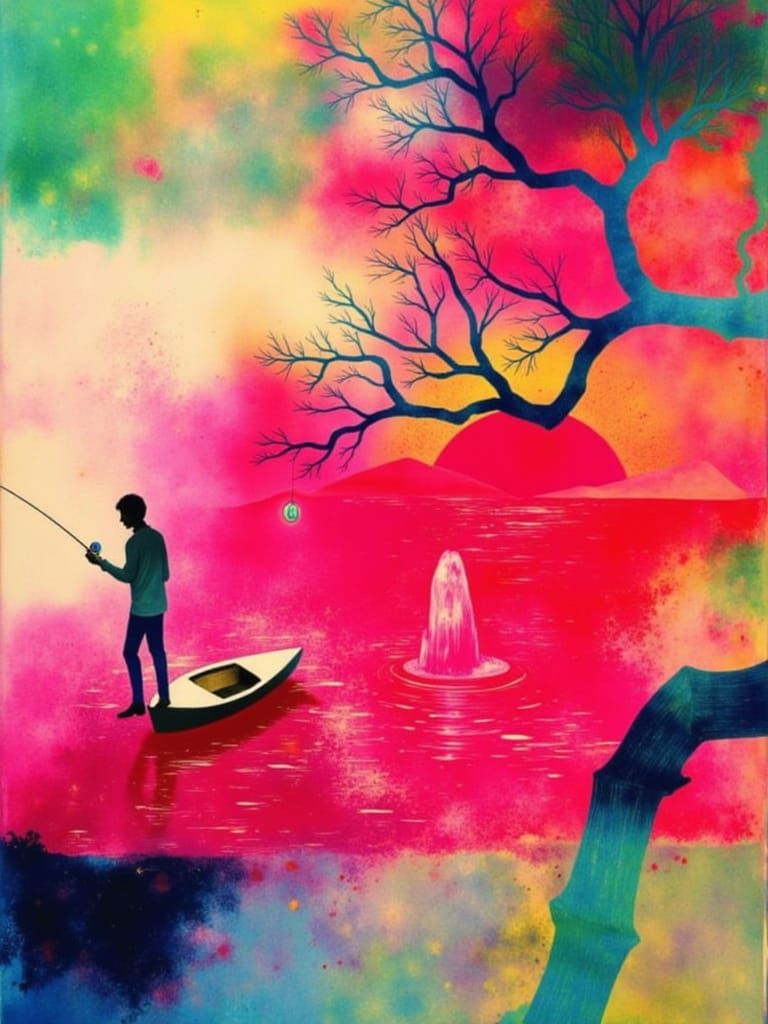 Lone Fisherman with Glowing Orb on Alien Lake