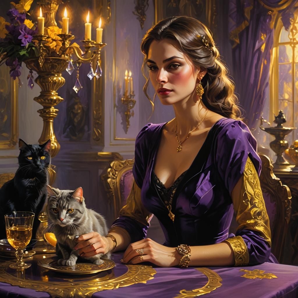 Purple lady with cats