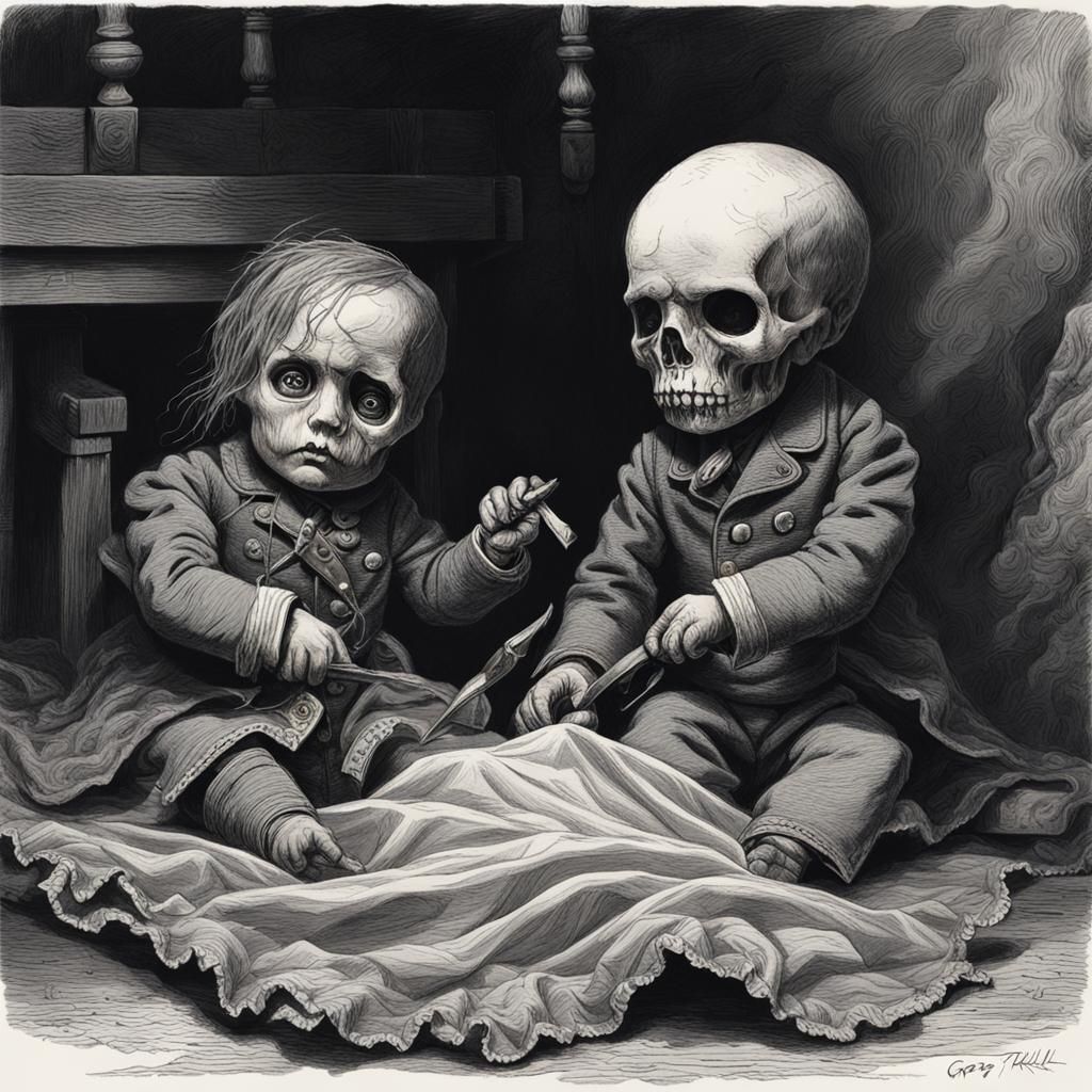 Menacing Dolls with Hidden Knives: A Horror Drawing