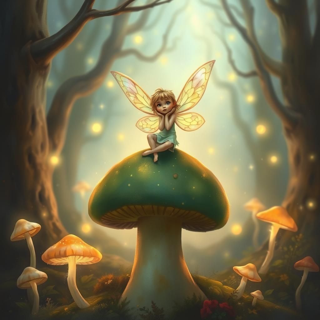 Enchanted Fairy on Mushroom in Dreamlike Forest