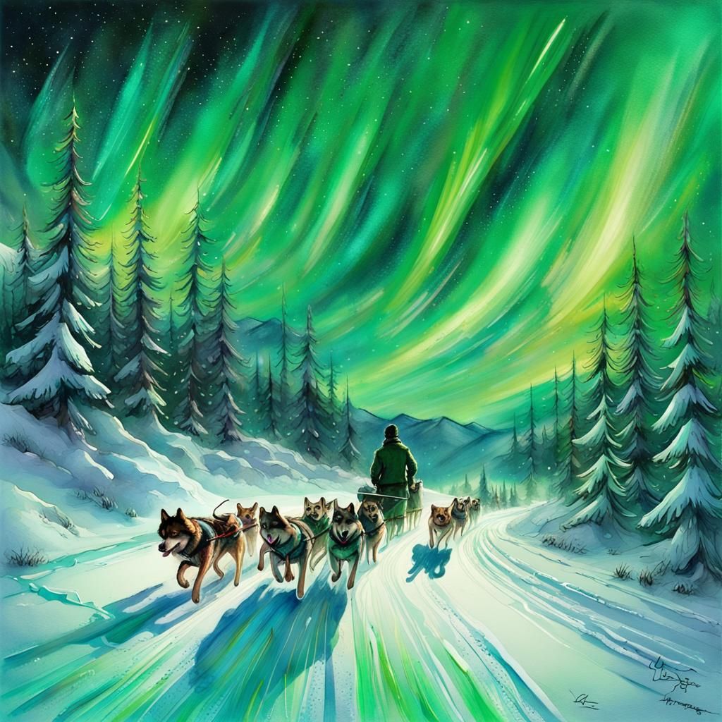 Dog Sled Race Under Aurora in Watercolor Style