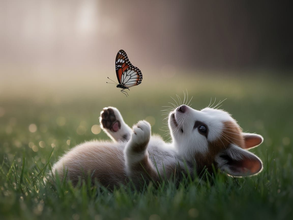 Baby Animal Plays with Butterfly in Enchanted Meadow