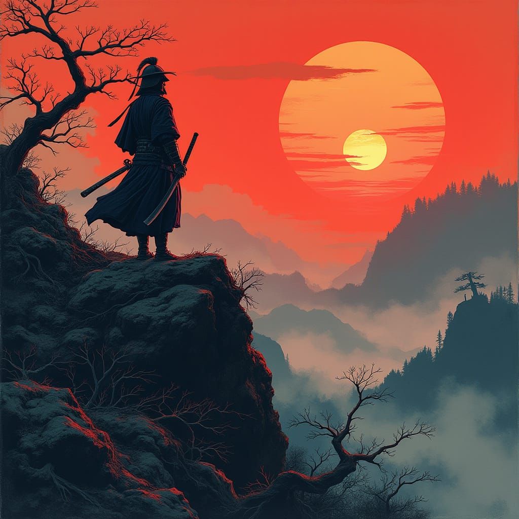 A lone samurai warrior, framed by the glow of a blood-red su...