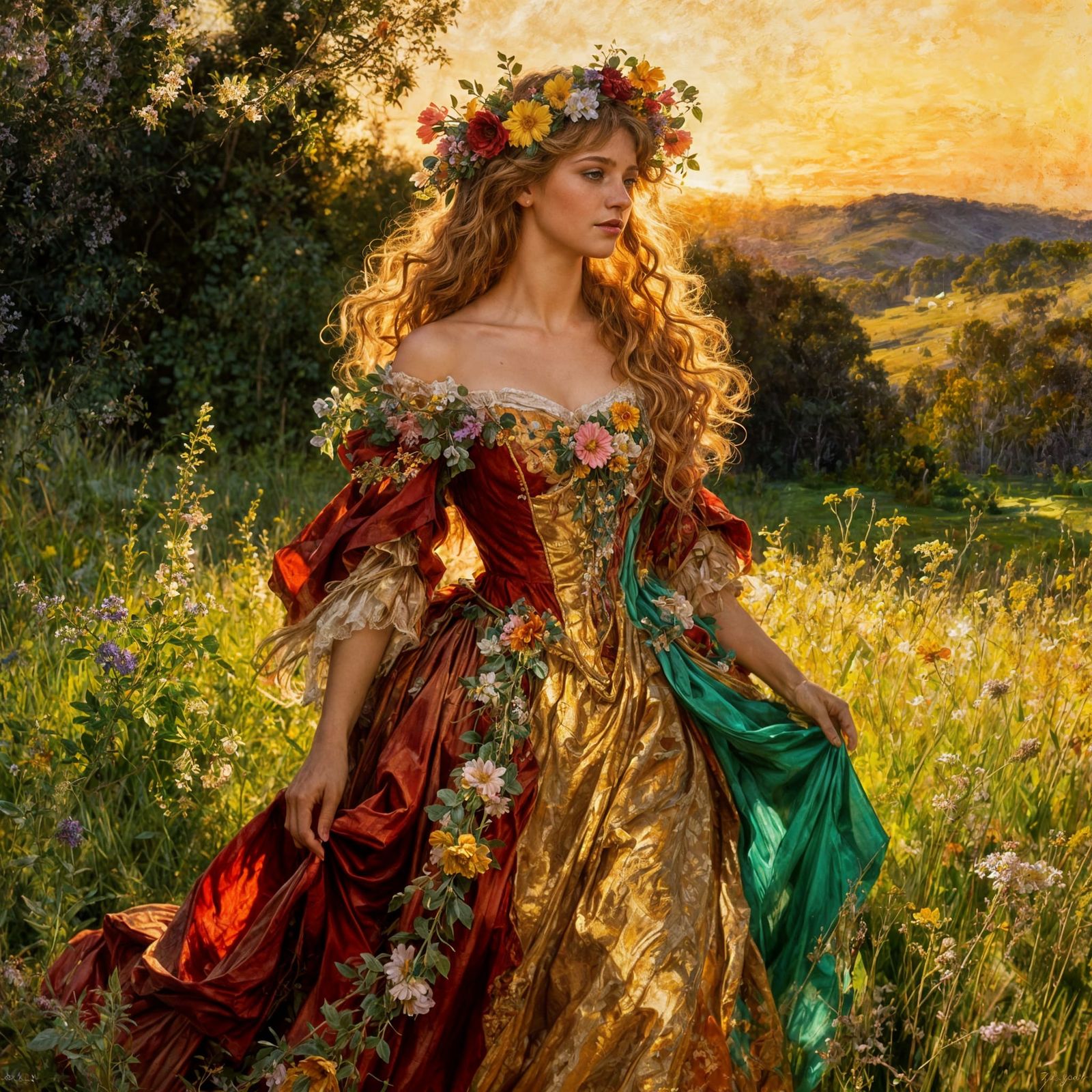 Beautiful Woman in Opulent Fantasy Dress as Oil Painting