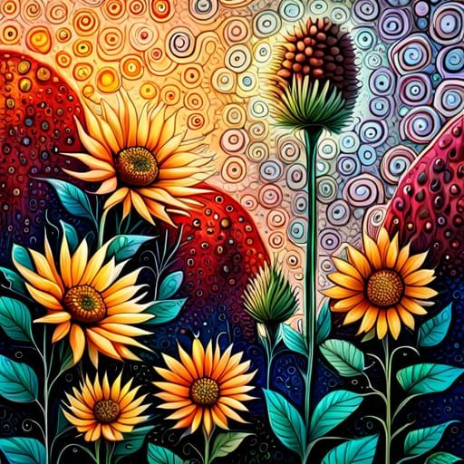 Fantasy Sunflower Garden in Mixed Media Style