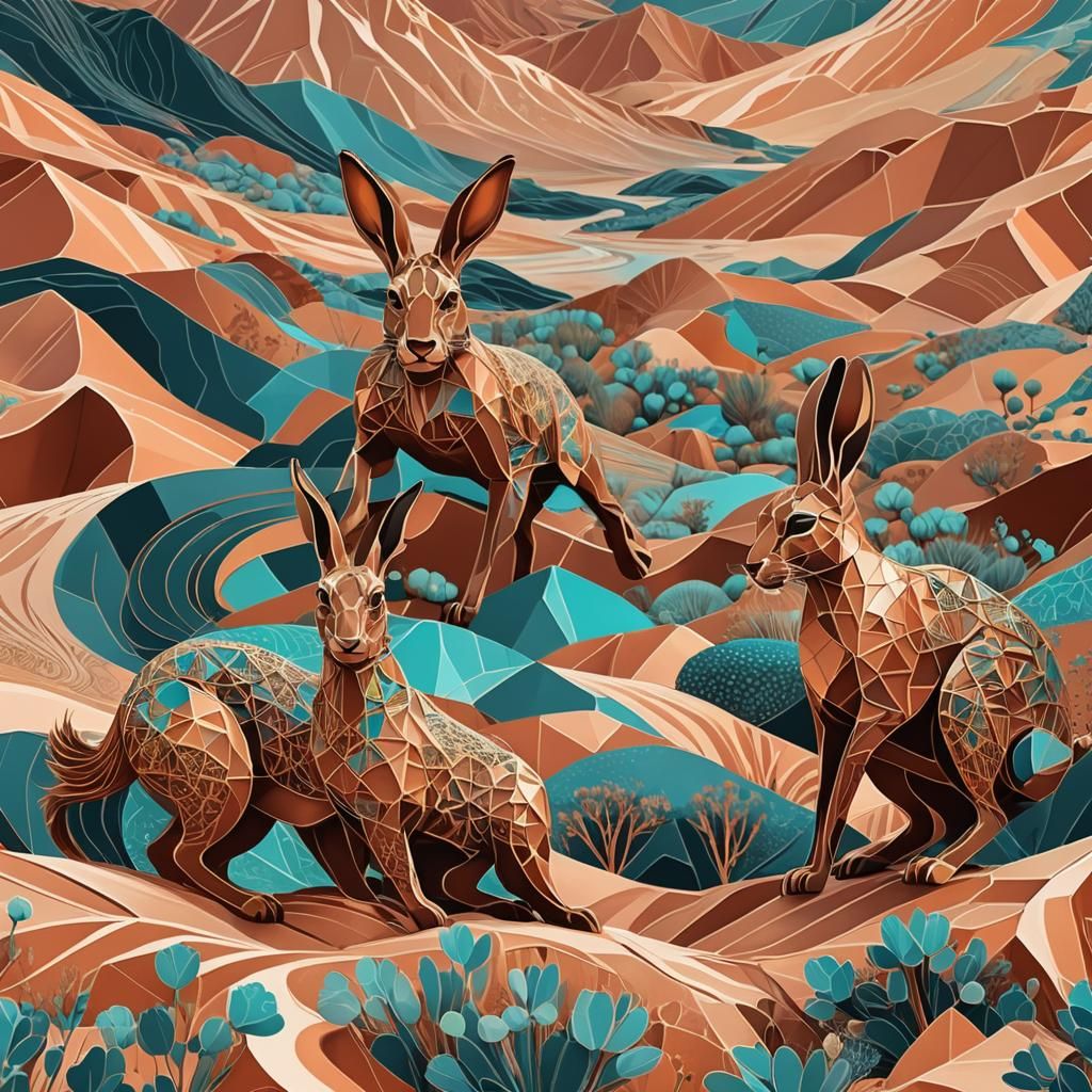 Abstract Desert Hares and Puma in Expressionist Vector Art