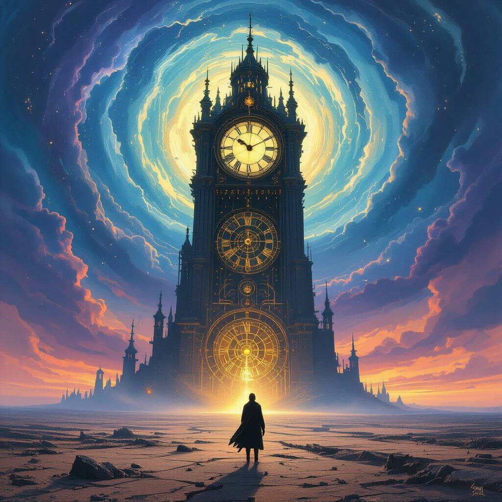 Cosmic Clock Tower Temporal Distortion Digital Painting