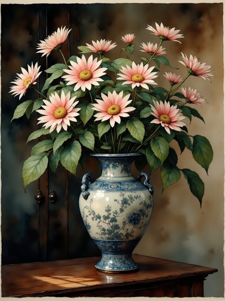 Spider Chrysanthemum in Ornate Chinese Vase - Shin-hanga Sty...