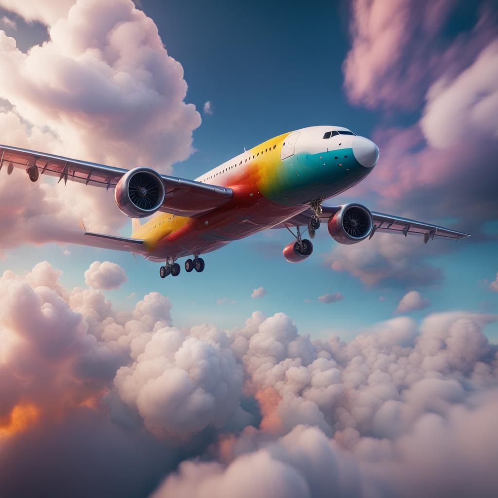 Colorful Airplane Flying in Cloudy Sky: Fantasy Art