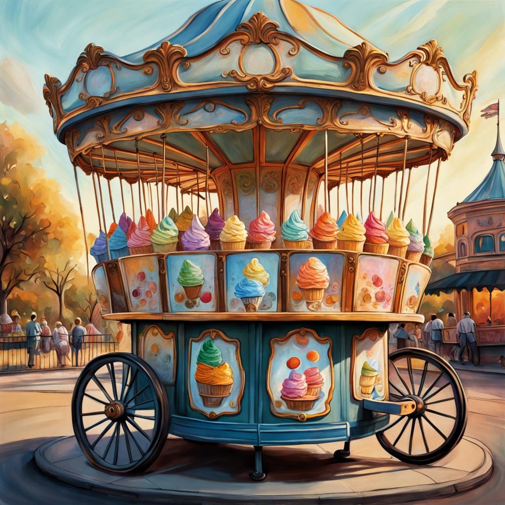 Fantastical Carousel Scene with Ice Cream Cart