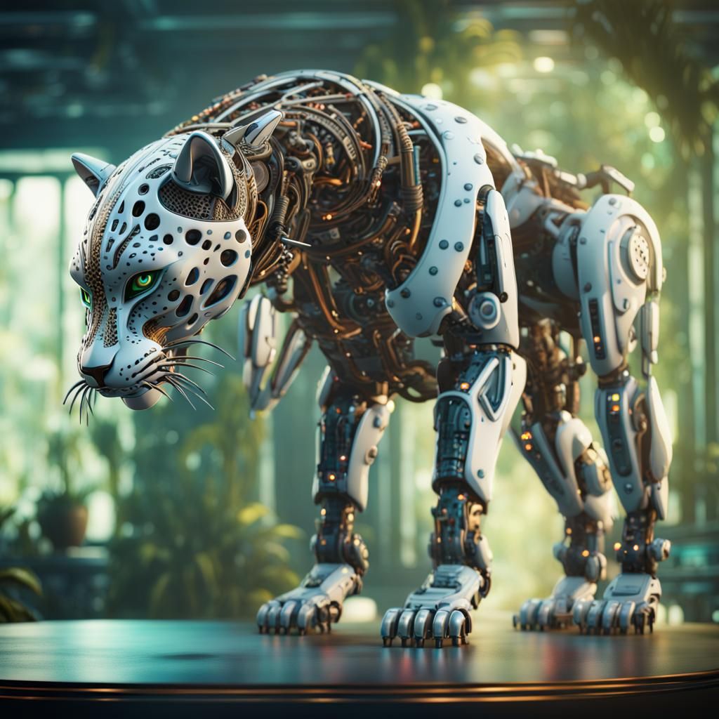 Porcelain Jaguar Robot with Cyberpunk Elements