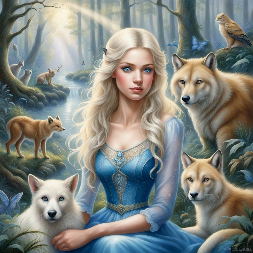 Ethereal Forest Scene: Girl with Animals