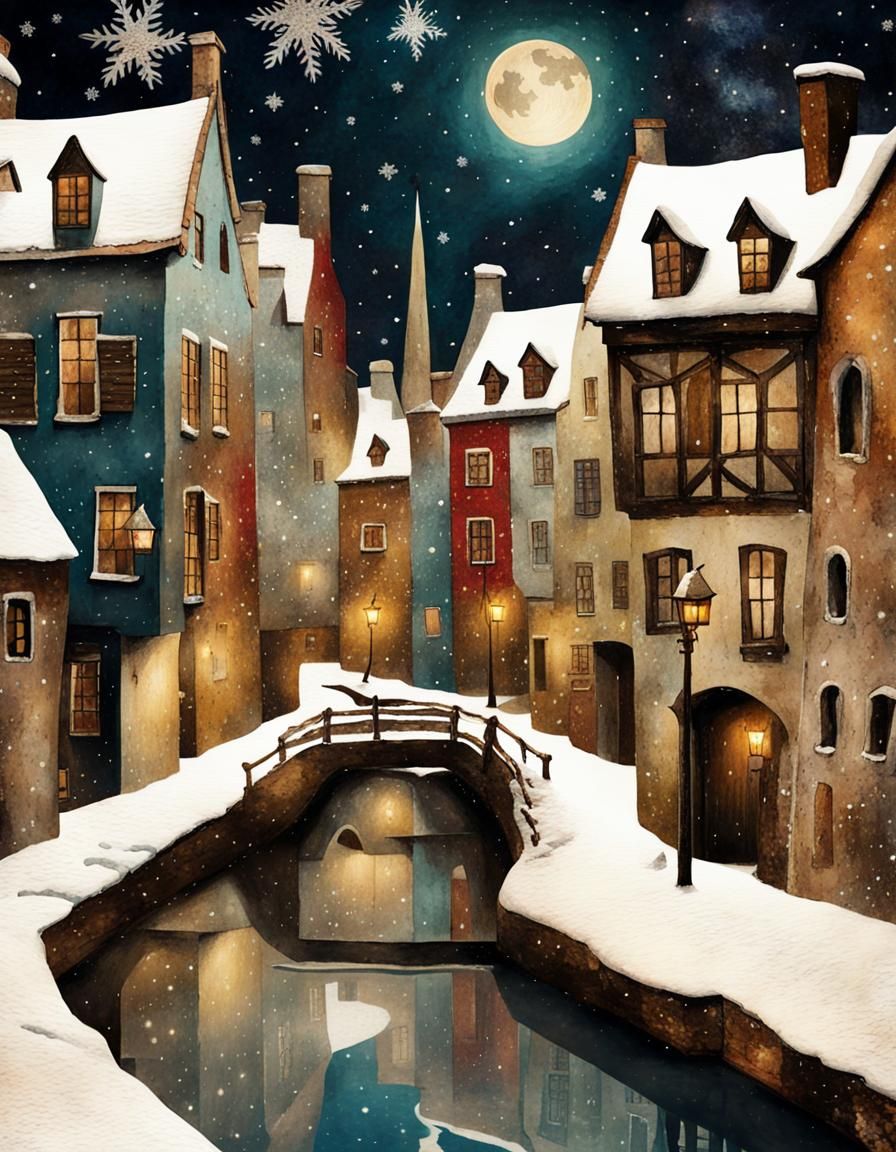 Winter Canal Village in Mixed Media Collage