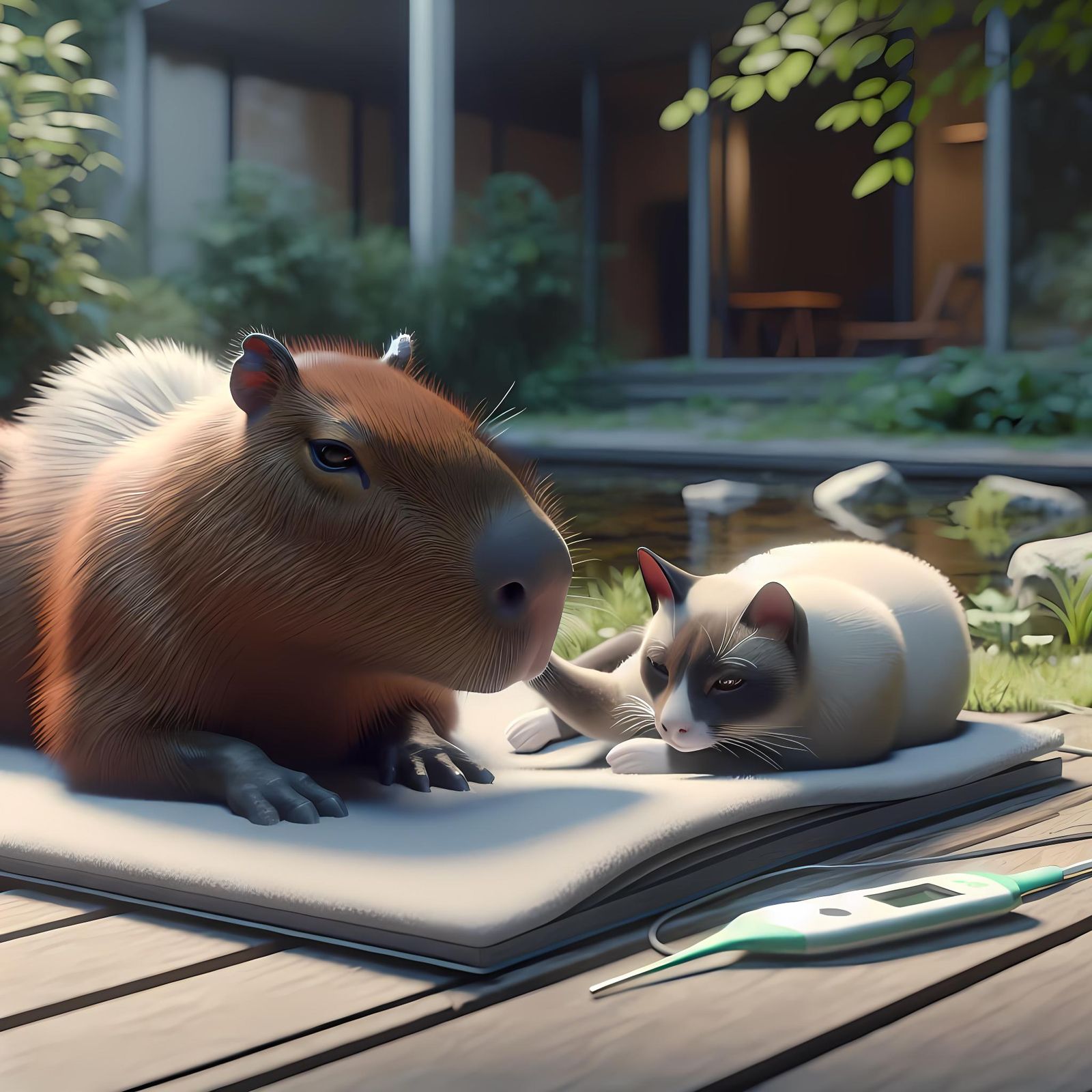 Sick Capybara and Siamese Cat in Detailed Concept Art