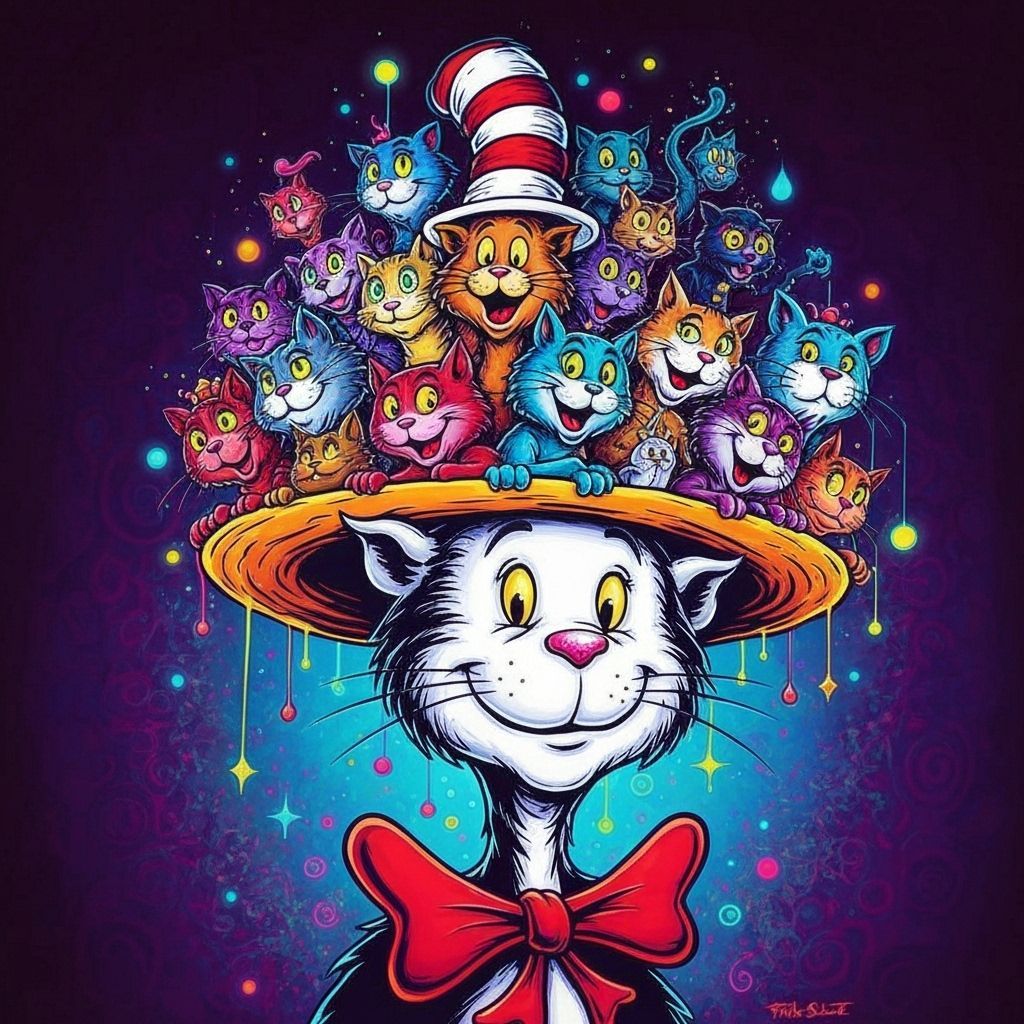 Whimsical Cat in the Hat with Cat-Constructed Hat