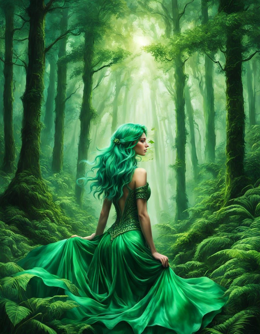Woman with Green Hair in Mystical Forest
