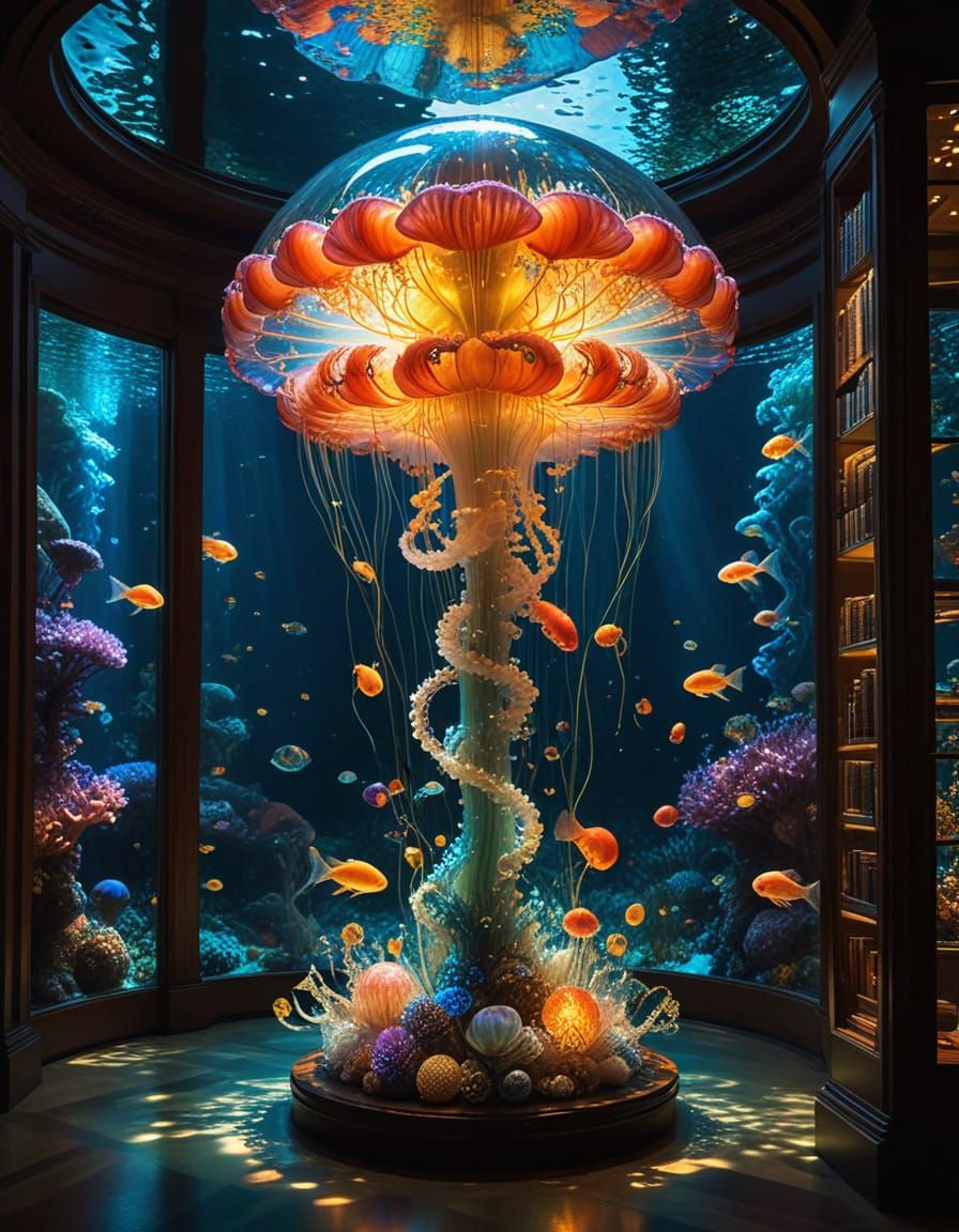 Underwater Coral Library with Pearls in Golden Light