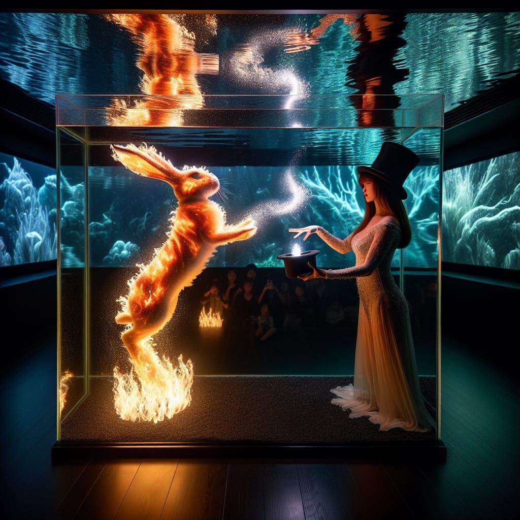 Magician Pulls Fire Rabbit from Hat in Fish Tank