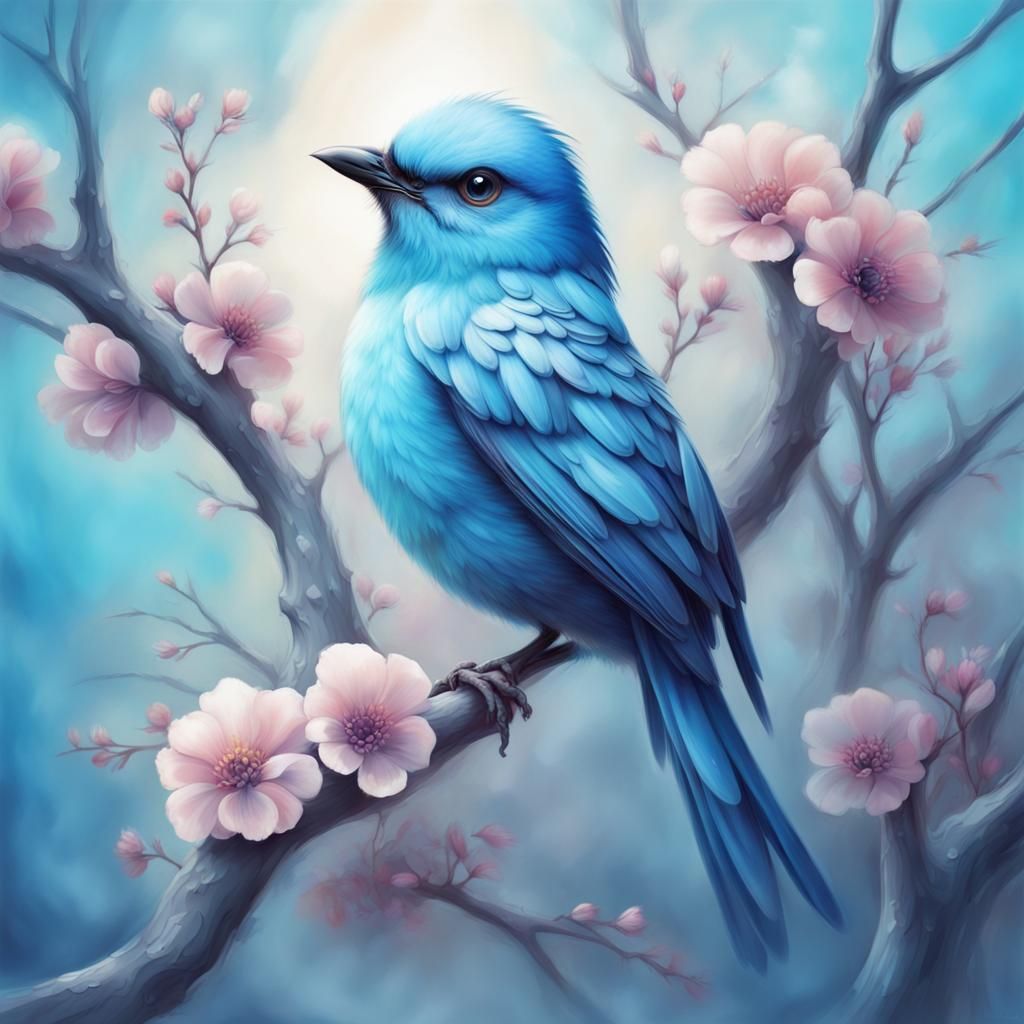 Blue Blossom Bird Portrait in Fantasy Airbrush Style
