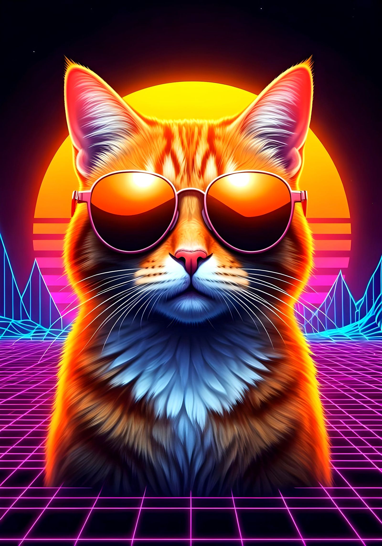Retro Futurism Orange Tabby Cat in Neon Grid