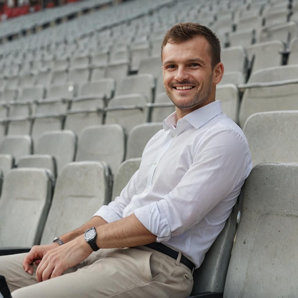 Joyful Slavic Man in Stadium: Photorealistic Portrait