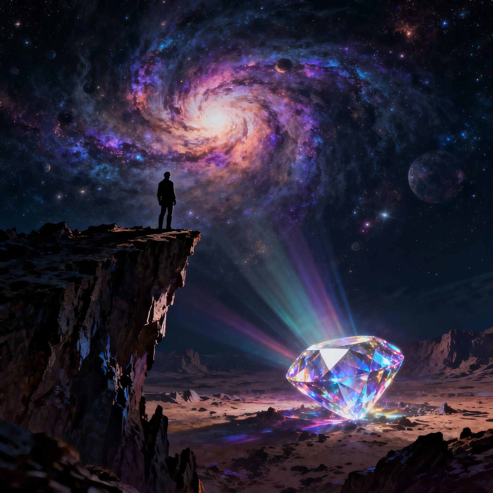 Figure Gazes at Cosmic Nebula from Cliff Edge