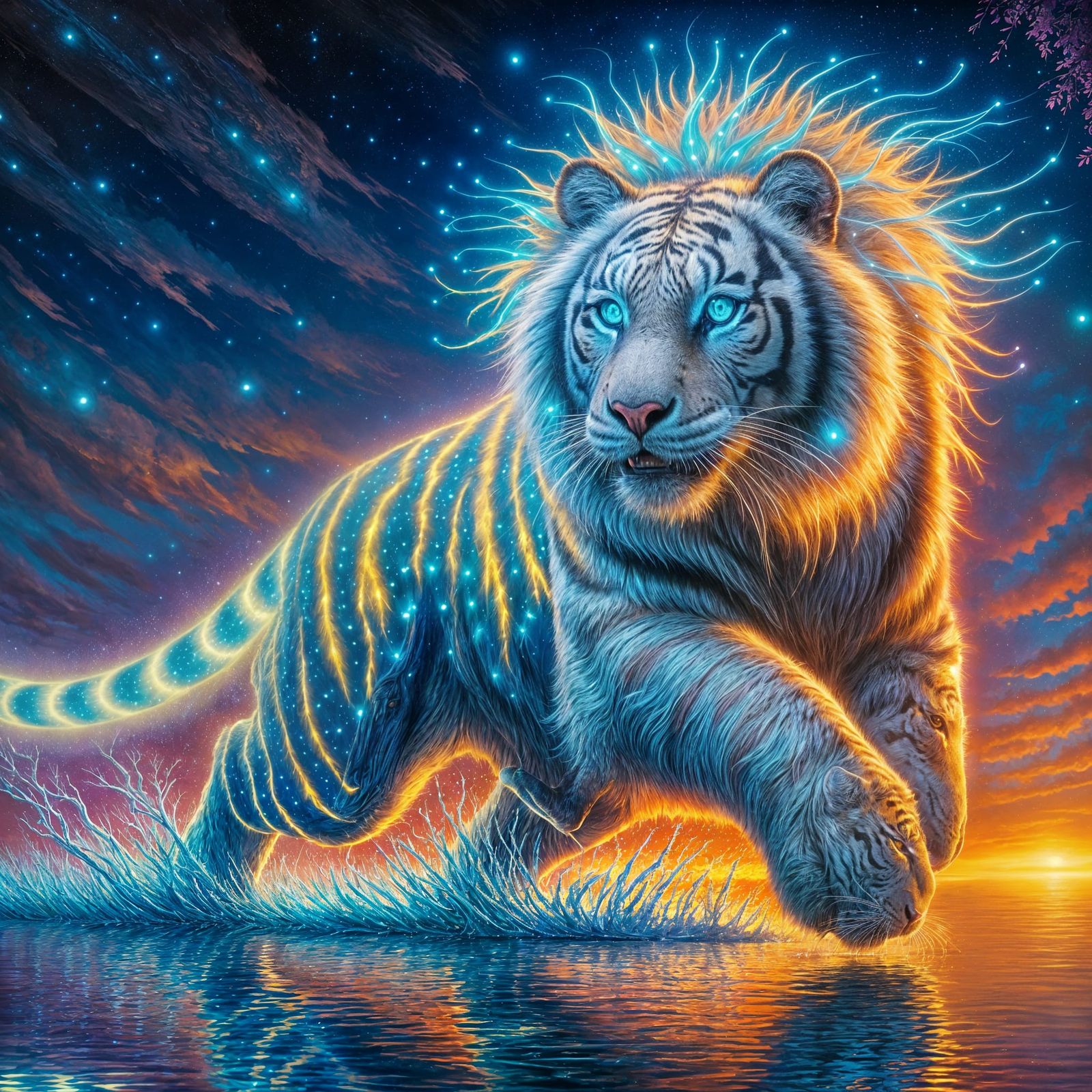 Bioluminescent Tiger Leaping at Twilight in Romantic Style