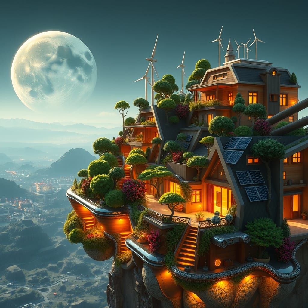 Lunar Eco-Settlement in Hyperrealistic Sci-Fi Style