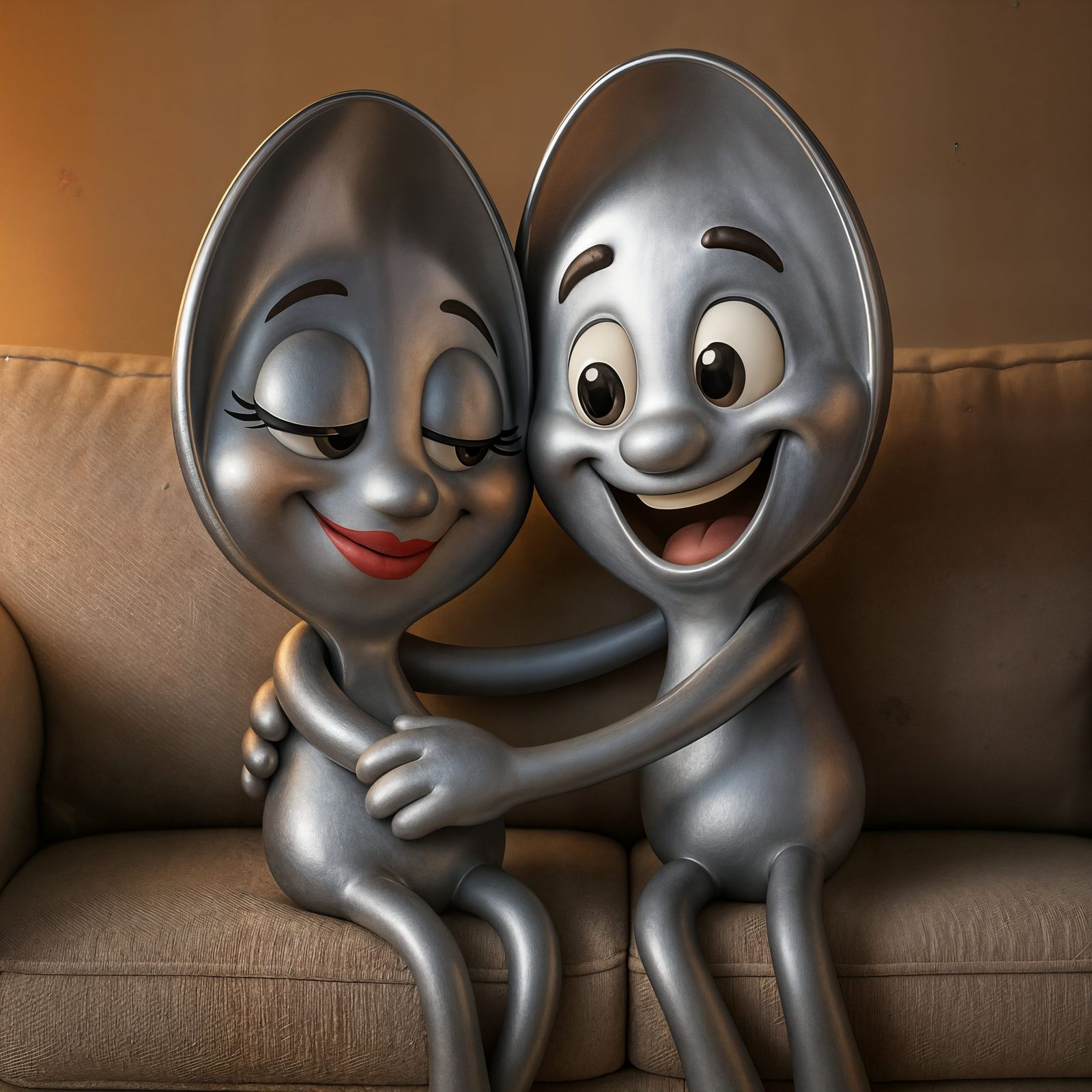 Cartoon Spoons Snuggling on a Couch