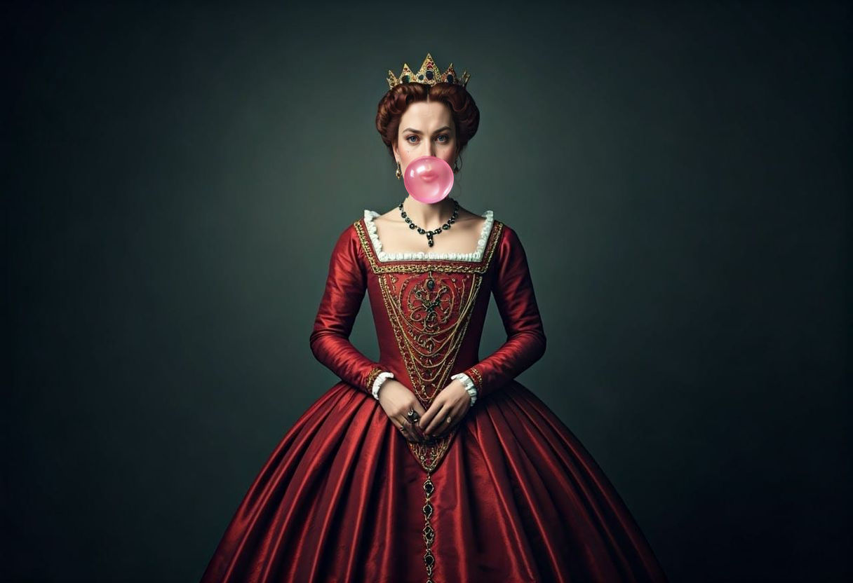 Medieval Queen Blows a Pink Bubblegum Bubble in Formal Attir...