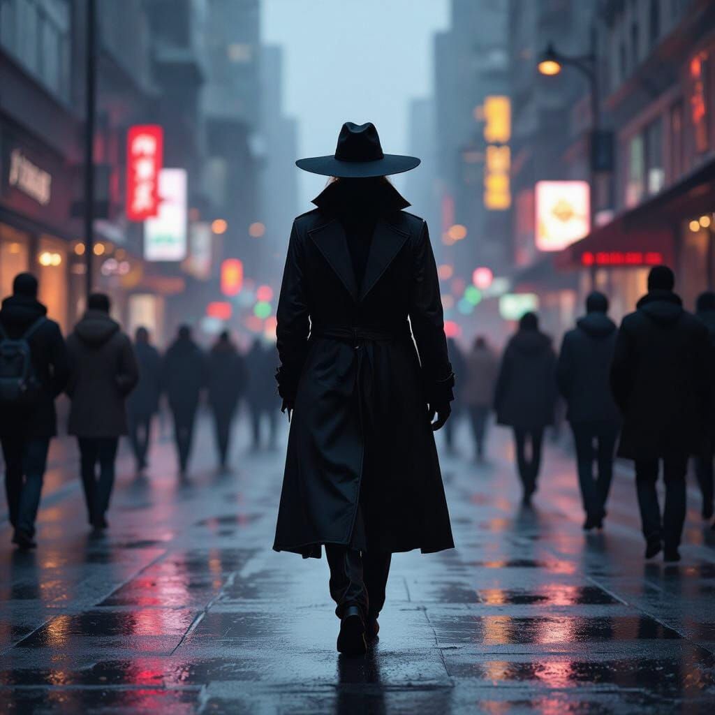 Dystopian Figure Hides in Crowded Cityscape, Digital Paintin...