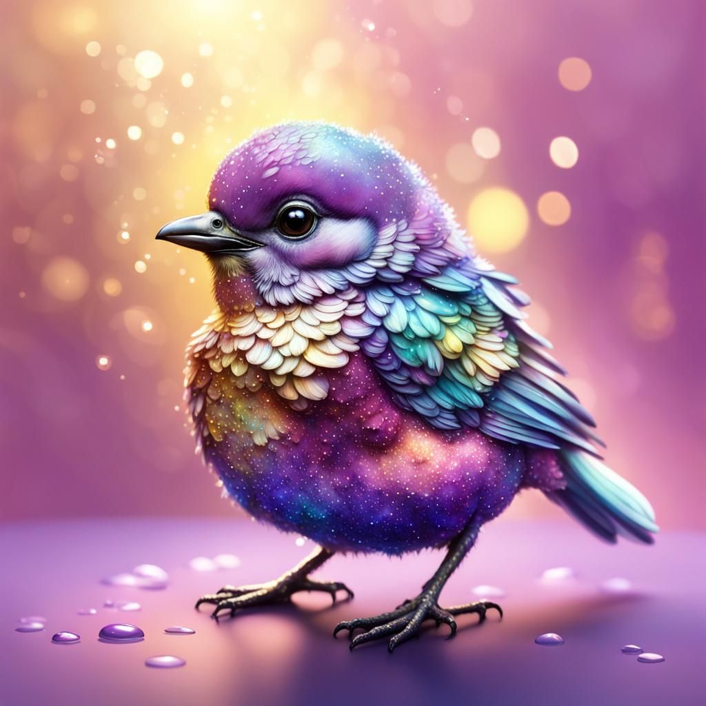 Hyperrealistic Glittery Mauve Baby Bird Splash Art