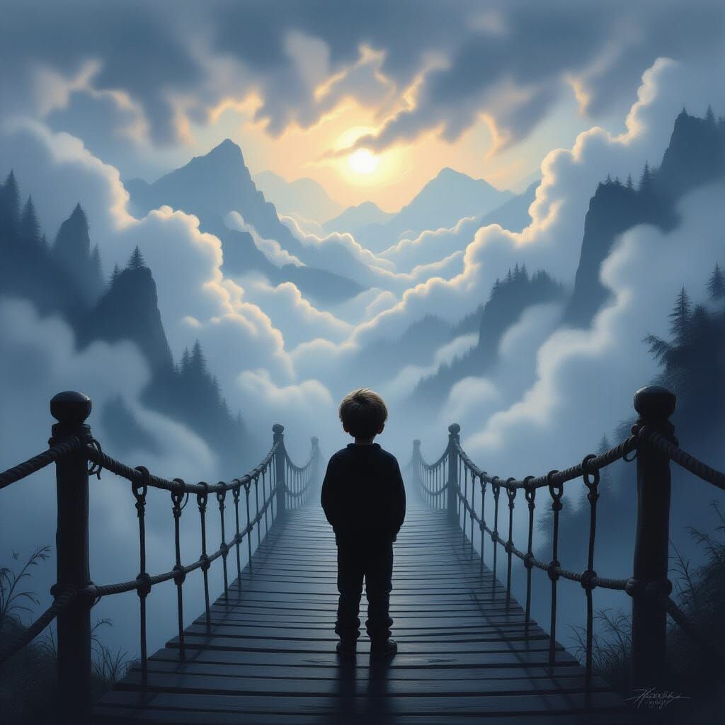 Mystical Bridge: Boy in Mist, Hyperrealistic Style