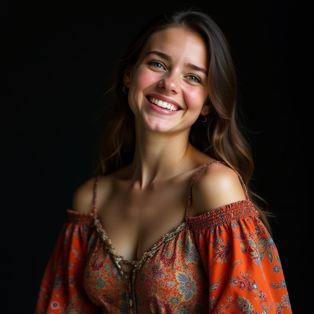 Vibrant Woman on Black Background, Delicate Brushwork and Ph...