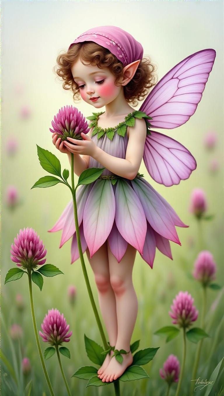 Whimsical Red Clover Fairy in Vintage Botanical Style
