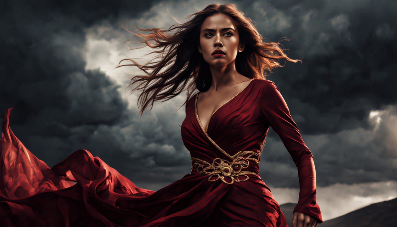 Dark Red Lady in Fiery Action Scene