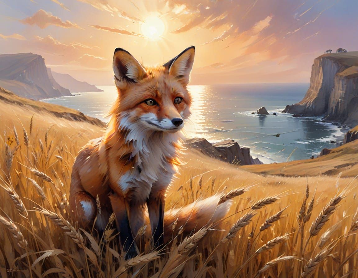 Fox on Wheat Bluff in Watercolor Summerscape